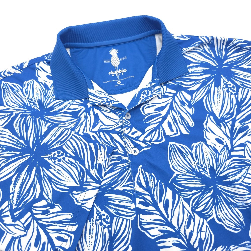 Chubbies Golf Mens Medium Blue White Floral Hibiscus Performance Polo Shirt